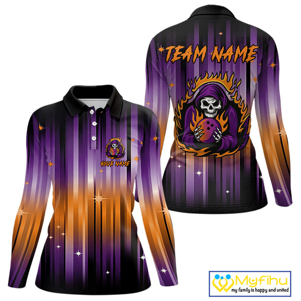 Custom Orange and Purple Flame Skull Halloween Bowling Shirt for Women, Halloween Bowling Team Jersey NQS10358