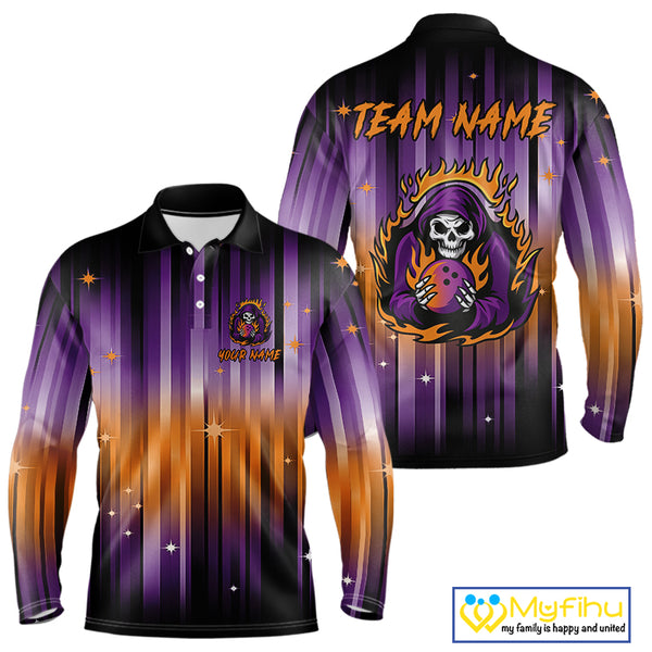 Custom Orange and Purple Flame Skull Halloween Bowling Shirts for Men, Halloween Bowling Team Jersey NQS10358