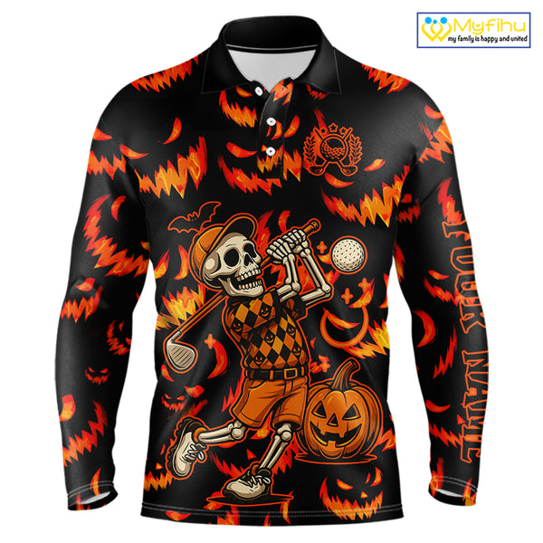 Orange and Black Halloween Pattern Funny Skull Golf polo shirt for men Custom Halloween Mens golf top NQS10352
