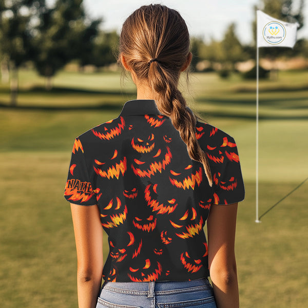 Orange and Black Halloween Pattern Funny Skull Golf polo shirt for Women Custom Halloween golf top NQS10352