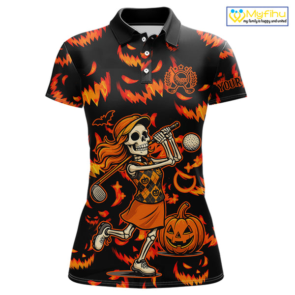 Orange and Black Halloween Pattern Funny Skull Golf polo shirt for Women Custom Halloween golf top NQS10352