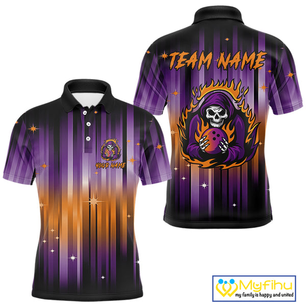 Custom Orange and Purple Flame Skull Halloween Bowling Shirts for Men, Halloween Bowling Team Jersey NQS10358