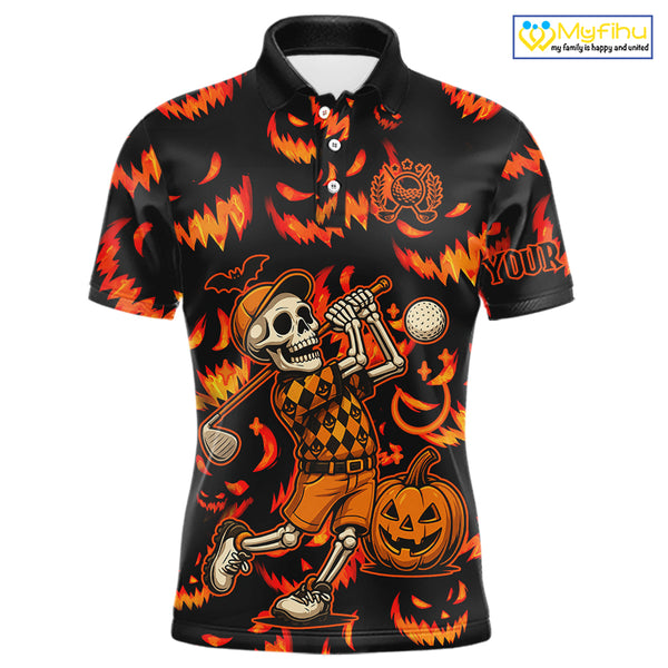 Orange and Black Halloween Pattern Funny Skull Golf polo shirt for men Custom Halloween Mens golf top NQS10352