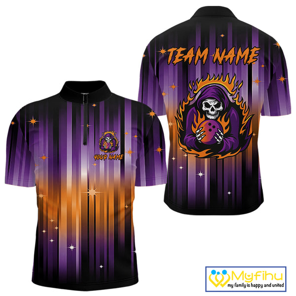 Custom Orange and Purple Flame Skull Halloween Bowling Shirts for Men, Halloween Bowling Team Jersey NQS10358