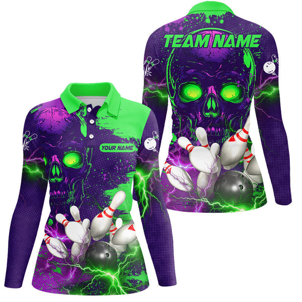 Purple and Green Lightning Thunder Storm Skull Bowling Shirts For Women Custom Bowling Team Jerseys NQS8598