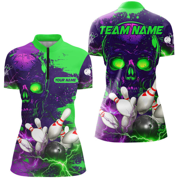 Purple and Green Lightning Thunder Storm Skull Bowling Shirts For Women Custom Bowling Team Jerseys NQS8598