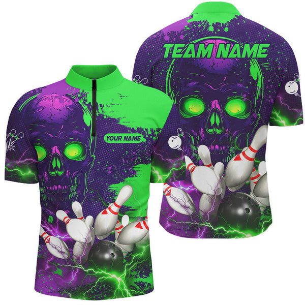 Purple and Green Lightning Thunder Storm Skull Bowling Shirts For Men Custom Bowling Team Jerseys NQS8598