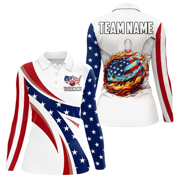 American Flag Flame Bowling Ball Pins Womens bowling shirts Personalized Patriotic Bowling Team Shirts NQS9086