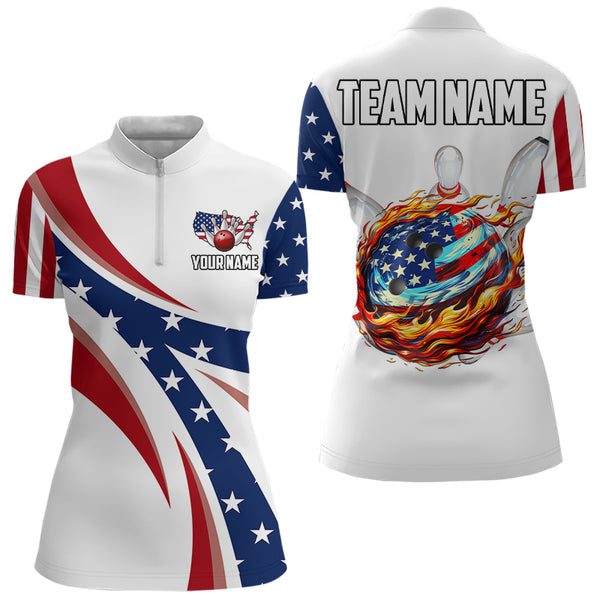 American Flag Flame Bowling Ball Pins Womens bowling shirts Personalized Patriotic Bowling Team Shirts NQS9086