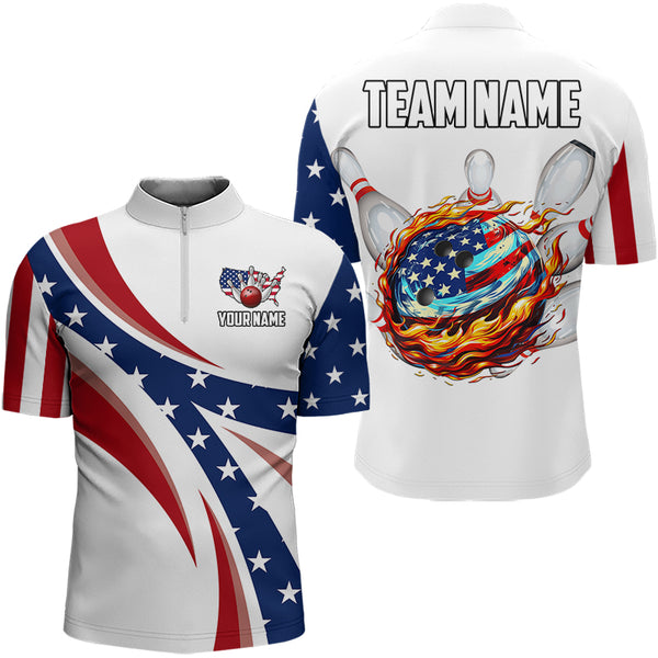 American Flag Flame Bowling Ball Pins Mens bowling shirts Personalized Patriotic Bowling Team Shirts NQS9086