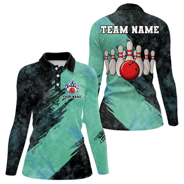 Black and Mint Color Womens bowling Polo, Quarter Zip shirt Custom Bowling Team Jerseys, Bowler Outfit NQS9087