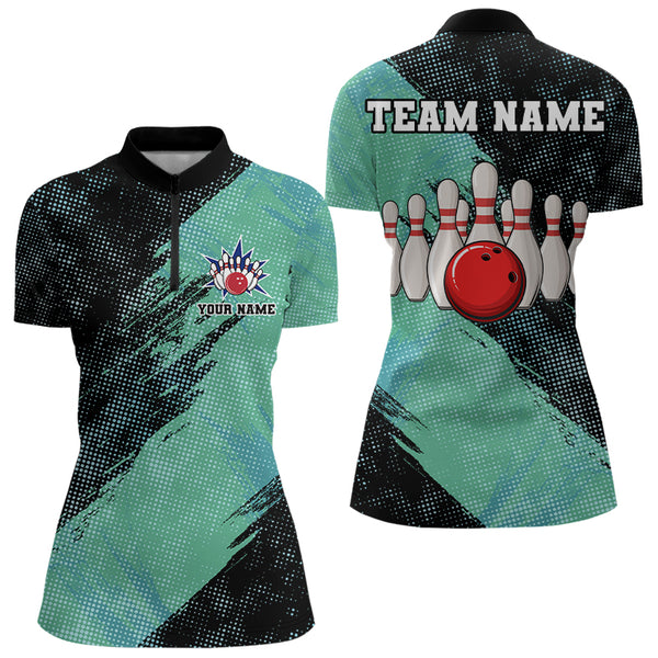 Black and Mint Color Womens bowling Polo, Quarter Zip shirt Custom Bowling Team Jerseys, Bowler Outfit NQS9087