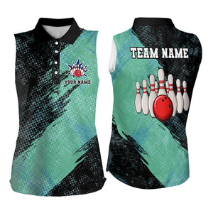 Black and Mint Color Bowling Sleeveless Polo shirt Custom Bowling Team Jerseys, Bowler Outfit NQS9087