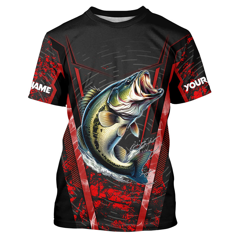 Largemouth Bass Fishing Shirts Custom UV Protection Performance Black Fishing Tournament Shirts | Red NQS7223 T-Shirt UPF / S