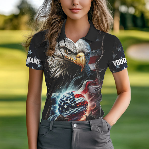 Personalized Eagle American flag Golf Polo Team Shirts For Women Custom Patriotic Ladies Golf attire NQS9620
