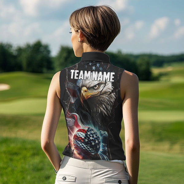 Personalized Eagle American flag Golf Sleeveless Polo Shirts For Women Custom Patriotic Golf attire NQS9620