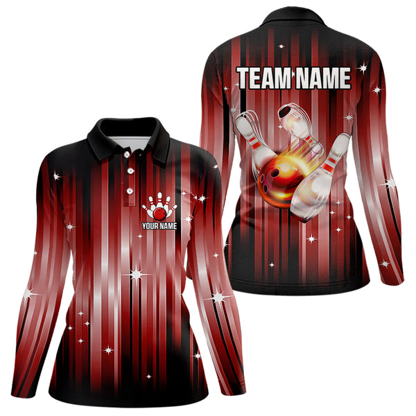 Custom Black and Red Bowling Polo, Quarter Zip Shirts for Women, Bowling Team Shirts Uniform NQS9621