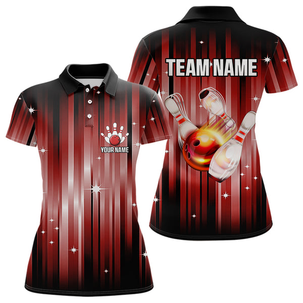 Custom Black and Red Bowling Polo, Quarter Zip Shirts for Women, Bowling Team Shirts Uniform NQS9621
