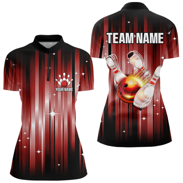 Custom Black and Red Bowling Polo, Quarter Zip Shirts for Women, Bowling Team Shirts Uniform NQS9621