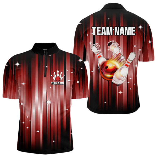 Custom Black and Red Bowling Polo, Quarter Zip Shirts for Men, Bowling Team Shirts Uniform NQS9621