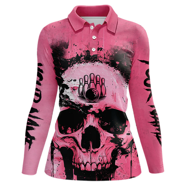 Pink Skull Bowling Polo, Quarter Zip Shirts for Women Custom Skull Bowling Team Shirts Uniform NQS9623