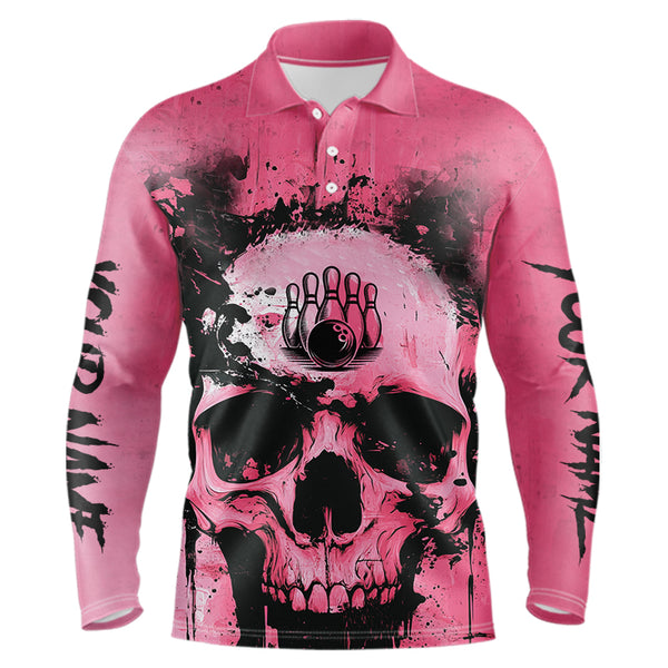 Pink Skull Bowling Polo, Quarter Zip Shirts for Men Custom Skull Bowling Team Shirts Uniform NQS9623
