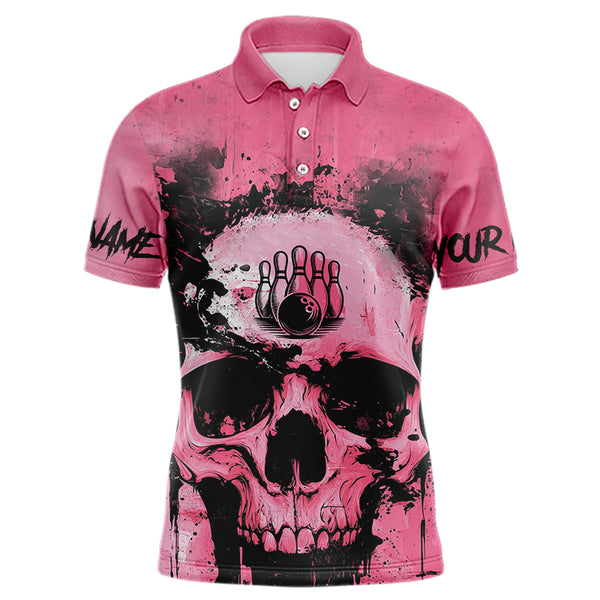 Pink Skull Bowling Polo, Quarter Zip Shirts for Men Custom Skull Bowling Team Shirts Uniform NQS9623