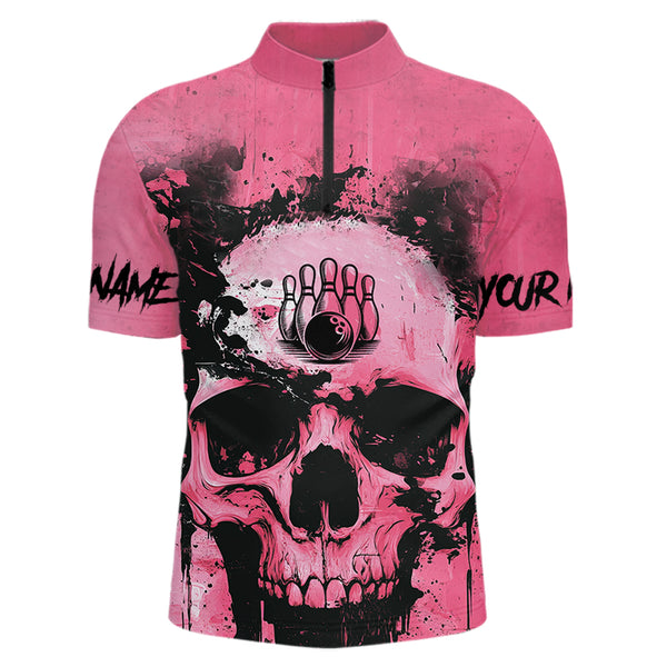 Pink Skull Bowling Polo, Quarter Zip Shirts for Men Custom Skull Bowling Team Shirts Uniform NQS9623