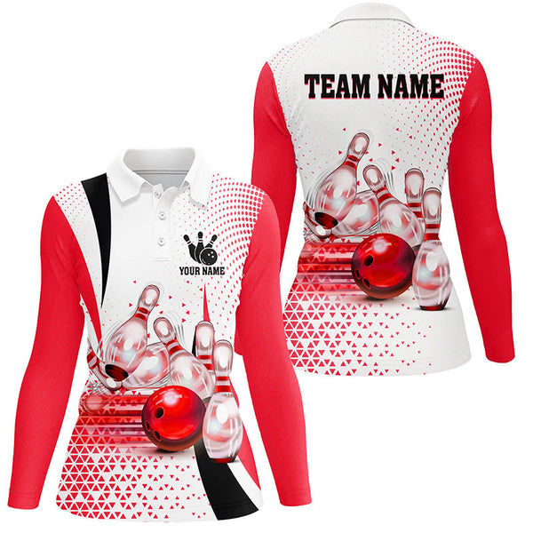 Womens bowling polo shirt Custom bowling ball pins bowling team shirts, gifts for bowlers | Red NQS7392