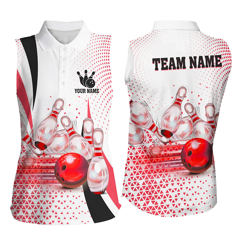 Women sleeveless Polos shirt Custom bowling ball pins bowling team shirts, gifts for bowlers | Red NQS7392