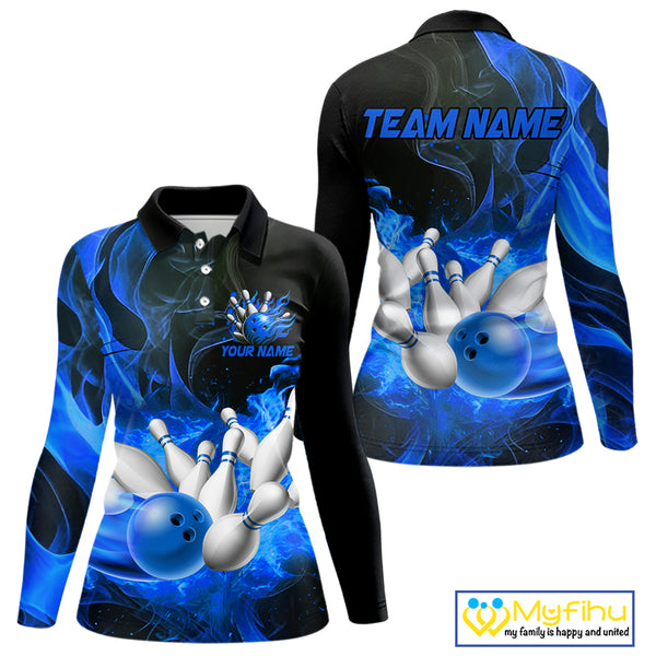 Black And Blue Flame Custom Bowling Shirts For Women, Flame Bowling League Shirts Outfits NQS9808