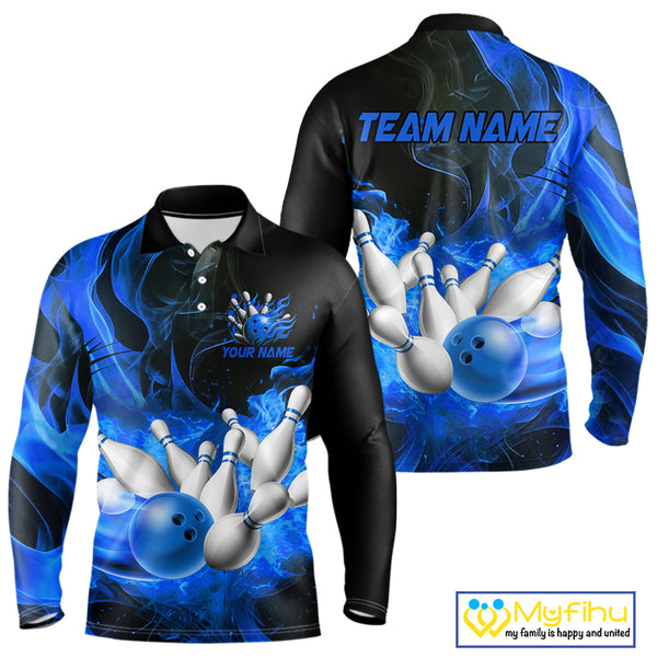 Black And Blue Flame Custom Bowling Shirts For Men, Flame Bowling League Shirts Outfits NQS9808