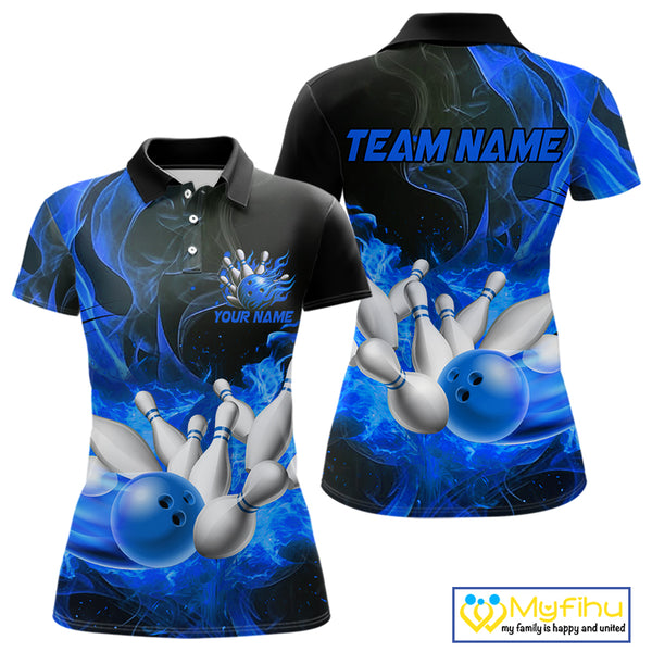 Black And Blue Flame Custom Bowling Shirts For Women, Flame Bowling League Shirts Outfits NQS9808