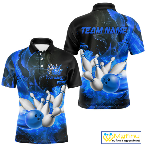 Black And Blue Flame Custom Bowling Shirts For Men, Flame Bowling League Shirts Outfits NQS9808