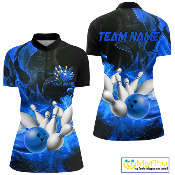 Black And Blue Flame Custom Bowling Shirts For Women, Flame Bowling League Shirts Outfits NQS9808