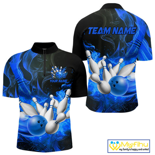Black And Blue Flame Custom Bowling Shirts For Men, Flame Bowling League Shirts Outfits NQS9808