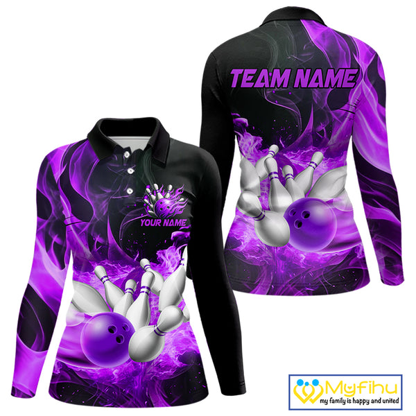 Black And Purple Flame Custom Bowling Shirts For Women, Flame Bowling League Shirts Outfits NQS9809