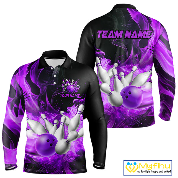 Black And Purple Flame Custom Bowling Shirts For Men, Flame Bowling League Shirts Outfits NQS9809