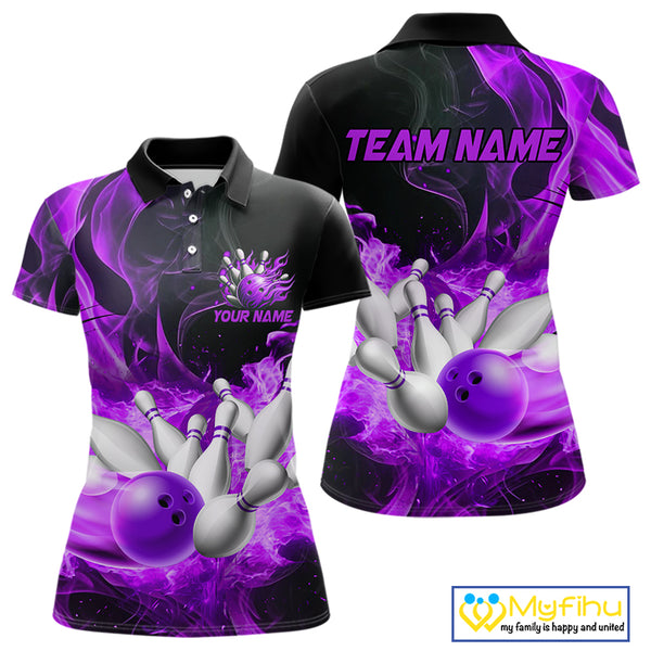 Black And Purple Flame Custom Bowling Shirts For Women, Flame Bowling League Shirts Outfits NQS9809