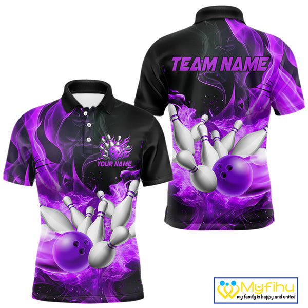 Black And Purple Flame Custom Bowling Shirts For Men, Flame Bowling League Shirts Outfits NQS9809
