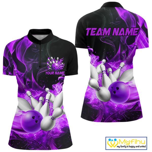 Black And Purple Flame Custom Bowling Shirts For Women, Flame Bowling League Shirts Outfits NQS9809