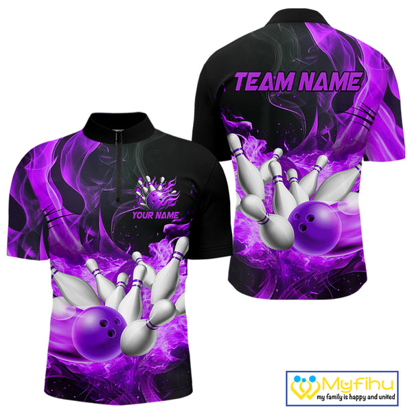 Black And Purple Flame Custom Bowling Shirts For Men, Flame Bowling League Shirts Outfits NQS9809