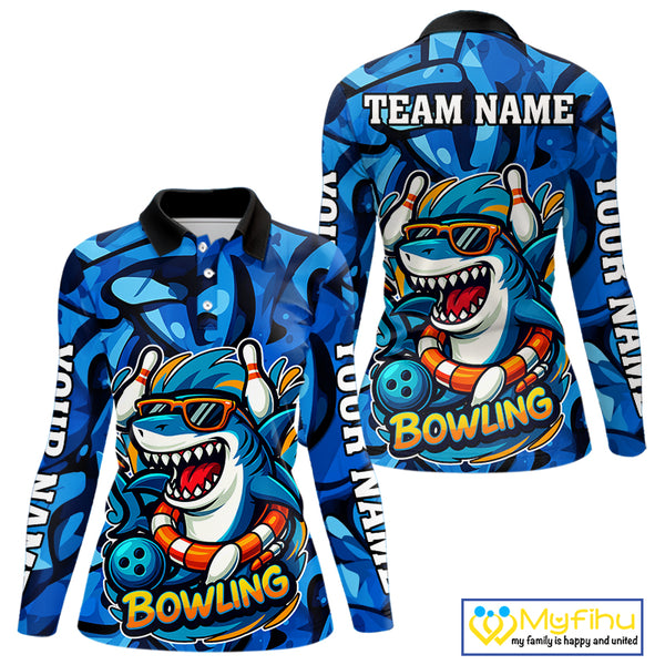 Funny Blue Camo Shark Women Bowling Polo, Quarter Zip Shirts Custom Team Shark Bowling Outfit Jersey NQS9816