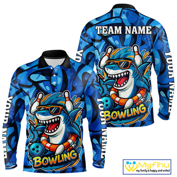 Funny Blue Camo Shark Men Bowling Polo, Quarter Zip Shirts Custom Team Shark Bowling Outfit Jersey NQS9816