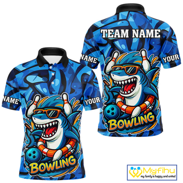 Funny Blue Camo Shark Men Bowling Polo, Quarter Zip Shirts Custom Team Shark Bowling Outfit Jersey NQS9816