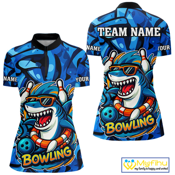 Funny Blue Camo Shark Women Bowling Polo, Quarter Zip Shirts Custom Team Shark Bowling Outfit Jersey NQS9816