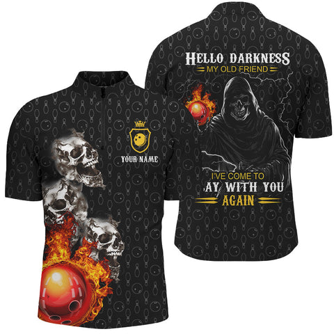 Bowling Quarter Zip shirts for men custom black bowling skull darkness old friend come play with you NQS5383