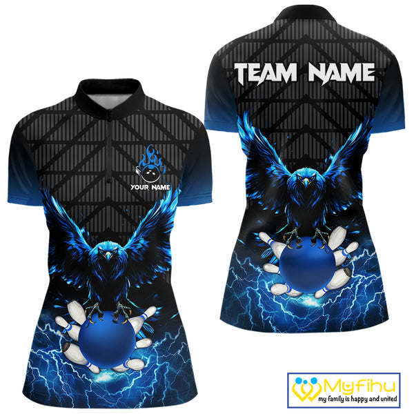 Women bowling shirts Custom blue lightning thunder Eagle Bowling Team Jersey, gift for team Bowlers NQS10049