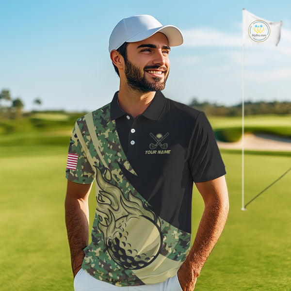 Mens Golf polo shirts flame golf ball Custom green camo Golf attire For Mens, personalized golf gifts NQS10052