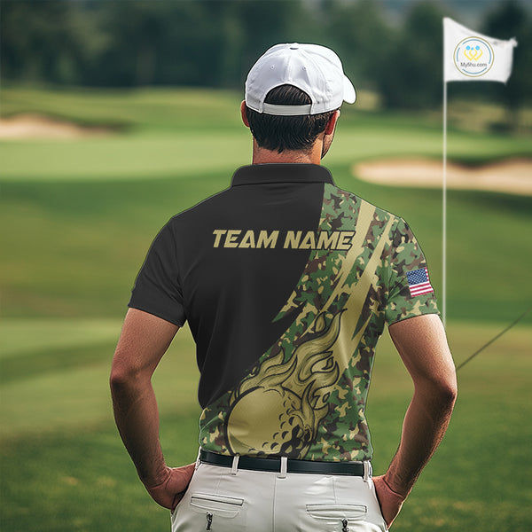 Mens Golf polo shirts flame golf ball Custom green camo Golf attire For Mens, personalized golf gifts NQS10052